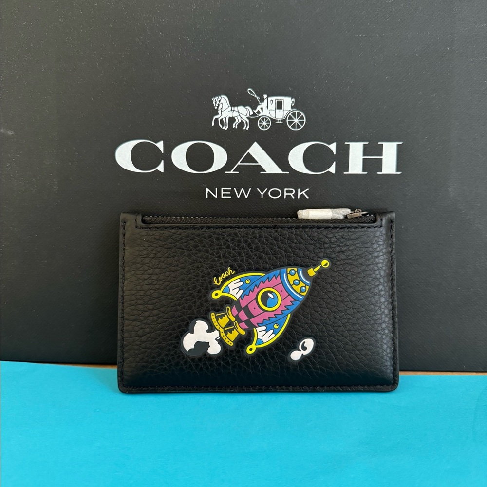 NWT Cosmic Coach Zip Card Case With Rocket Print Black Multi